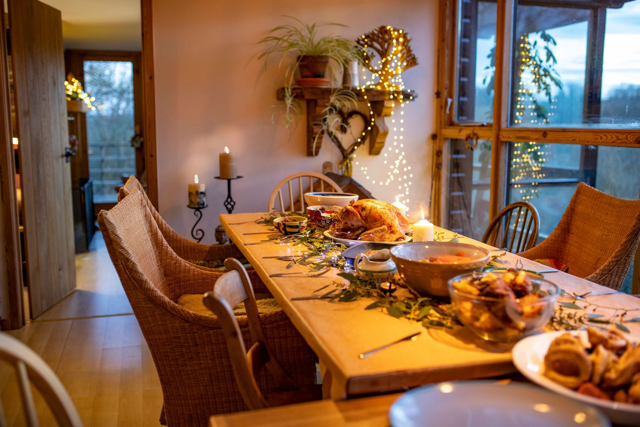 Festive roast dinner spread on a dining table