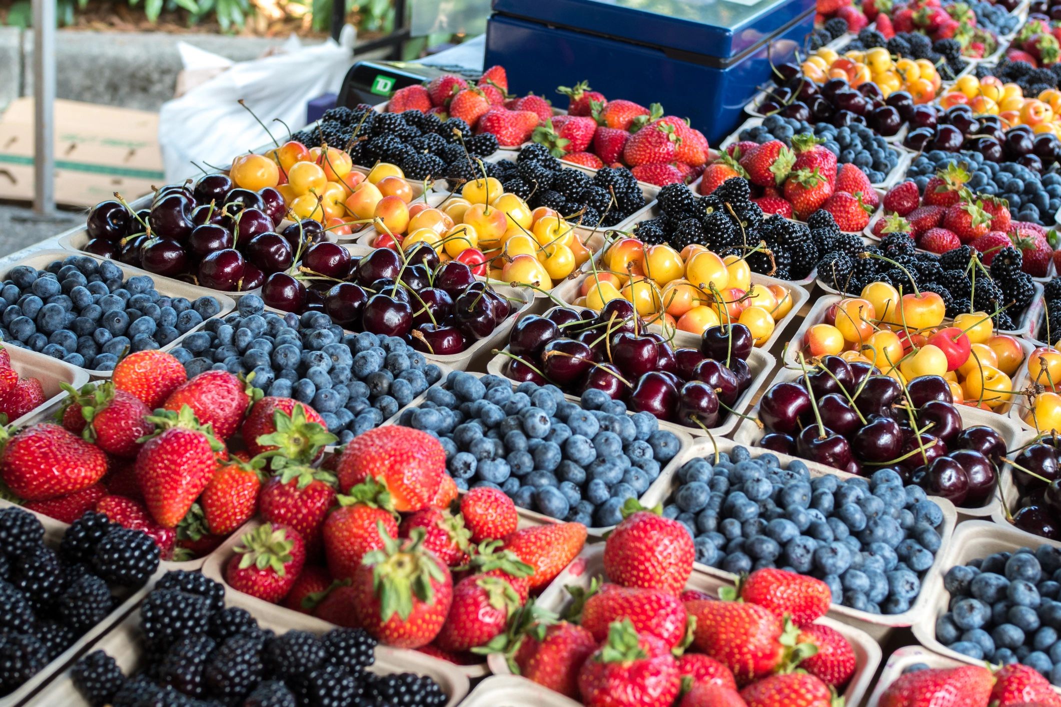 Local grown berries and cherries at a farmers market stand